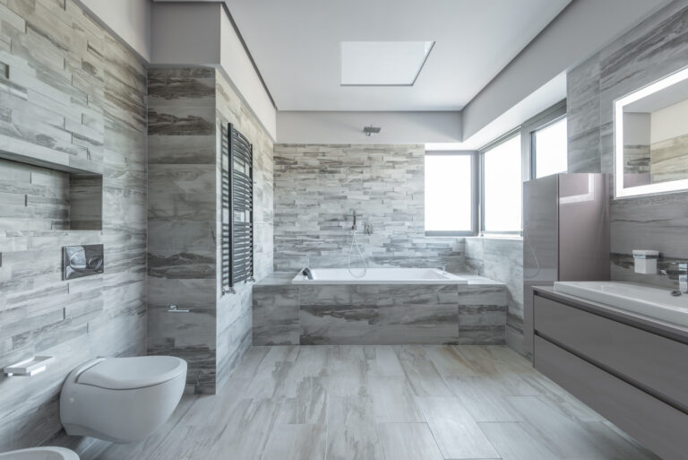 Gray and white tiled bathroom